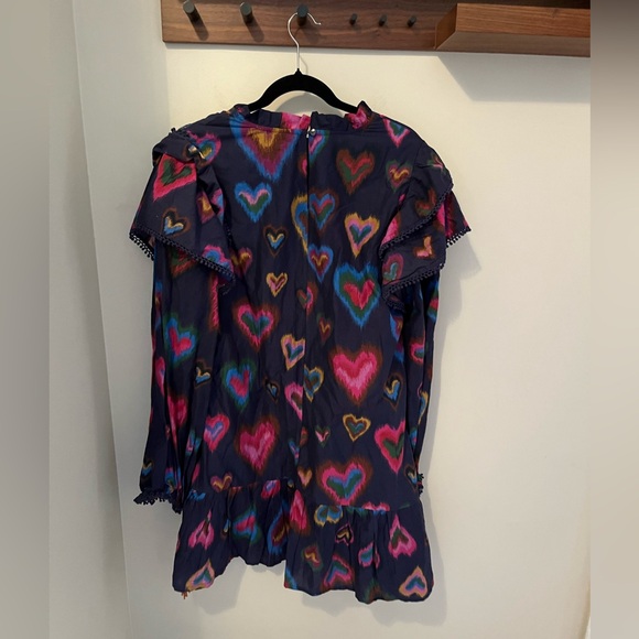 NWT Anthropologie FARM RIO Ruffled Mock Neck Navy Ikat Dyed Hearts Mini Dress XL - Picture 5 of 8